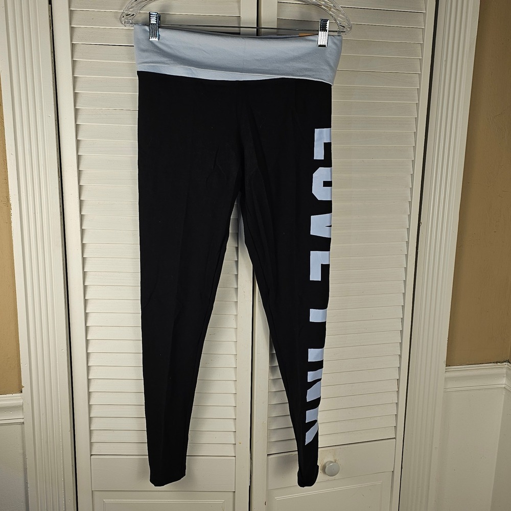 NWT Victoria's Secret PINK Womens Baby Blue Black Mid Rise Foldover Leggings Med